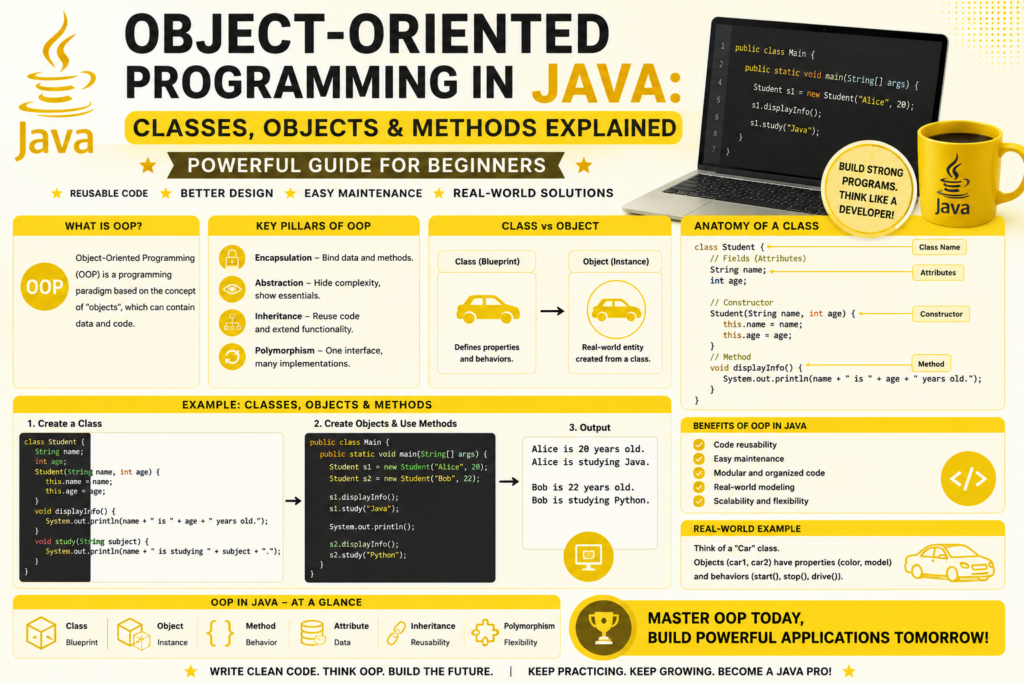 Object-Oriented Programming in Java: Classes, Objects & Methods Explained Powerful Guide object oriented programming in java infographic in yellow color showing Java classes, objects, methods, inheritance, and OOP concepts with beginner code examples