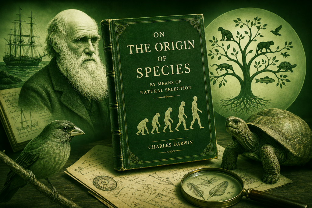 on the origin of species book illustration featuring Charles Darwin, evolution concepts, natural selection, and scientific discovery on a green background
