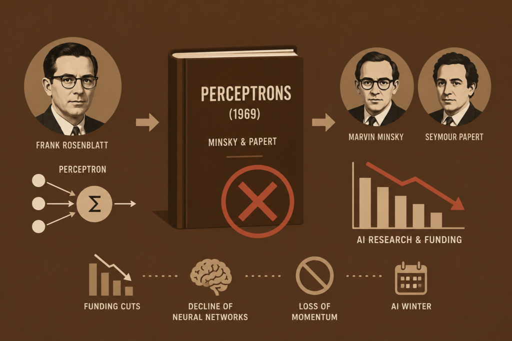 Simple brown background infographic showing the perceptron controversy with Frank Rosenblatt, the 1969 Perceptrons book, neural network criticism, AI research decline, and the first AI winter concept.