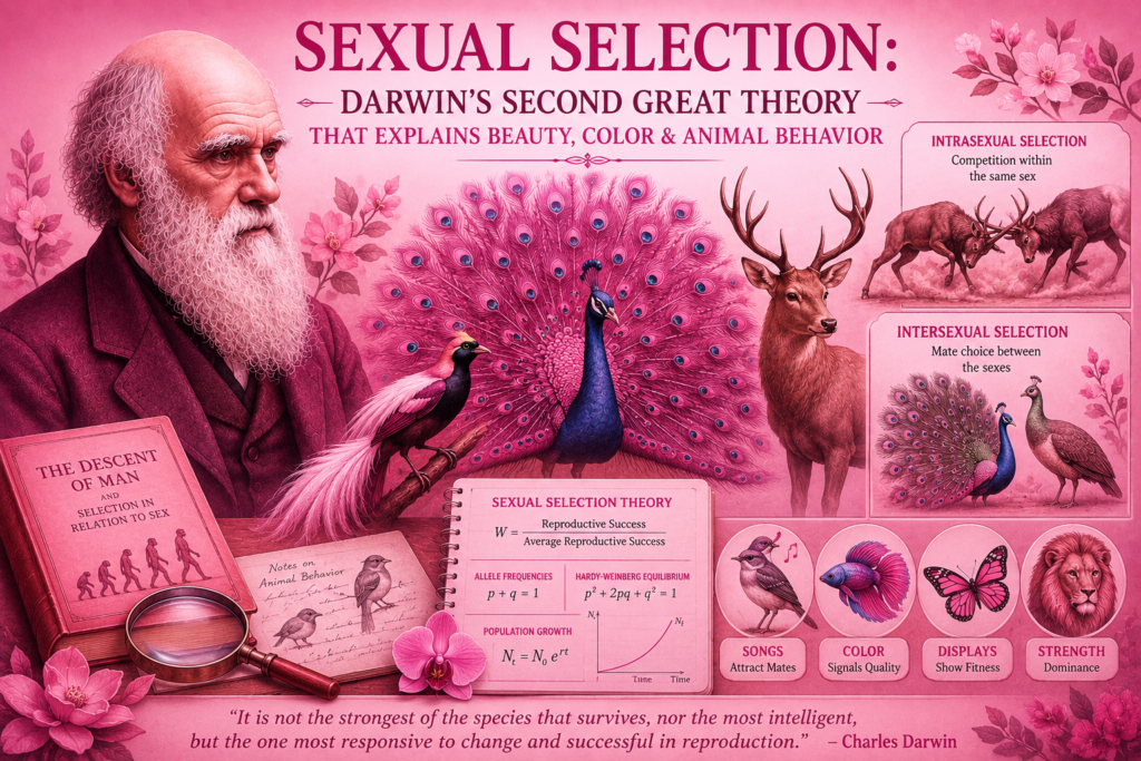 Sexual Selection: Darwin's Second Great Theory That Explains Beauty, Color & Animal Behavior Brilliantly sexual selection theory illustration showing Charles Darwin, peacock feathers, animal courtship behavior, and evolutionary beauty on a pink background