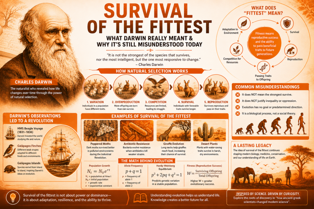Survival of the Fittest: What Darwin Really Meant & Why It's Still Misunderstood Today Powerful Truth survival of the fittest illustration showing Charles Darwin, animal adaptation, natural selection, and evolution concepts on an orange background
