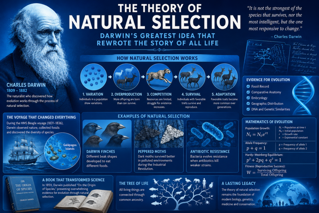 theory of natural selection infographic showing Charles Darwin, evolution process, Darwin finches, HMS Beagle voyage, and adaptation concepts in blue background