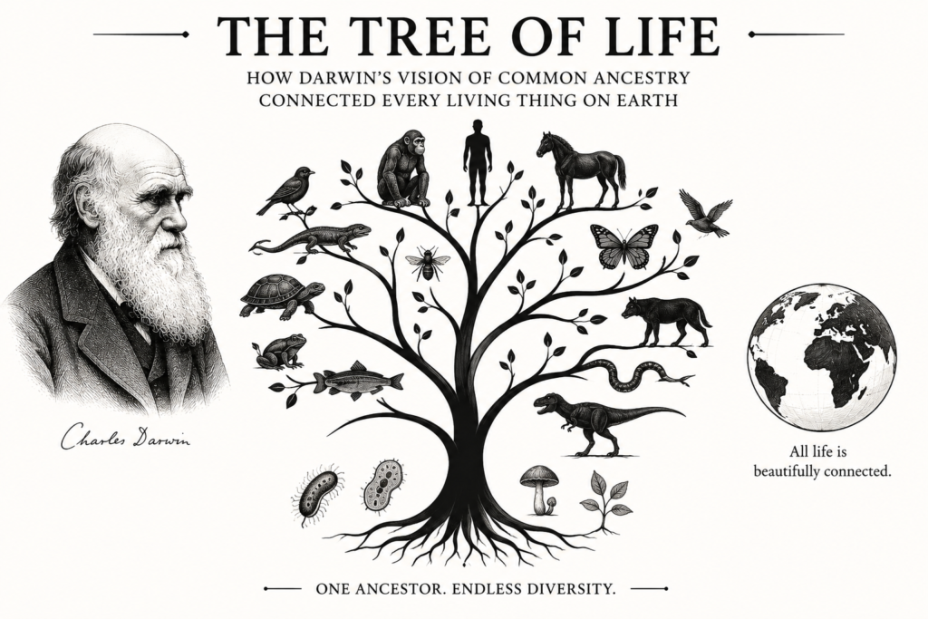 The Tree of Life: How Darwin's Vision of Common Ancestry Connected Every Living Thing on Earth Brilliantly tree of life theory illustration showing Charles Darwin, branching evolution tree, animals, and common ancestry concepts on a black themed background