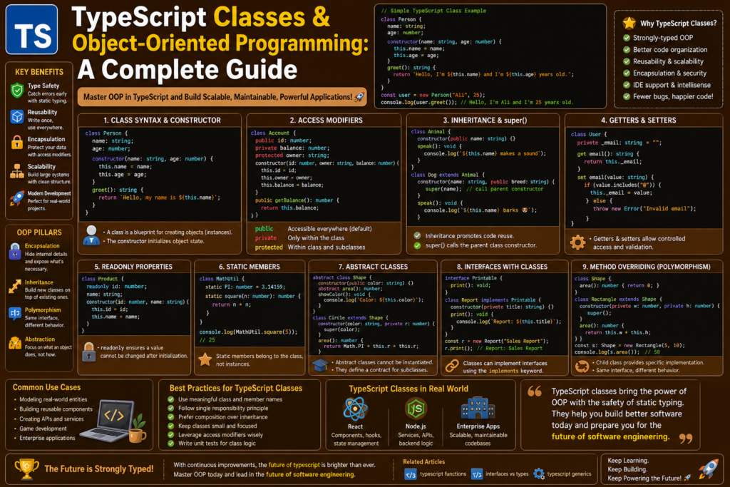 A detailed brown background infographic explaining typescript classes and object oriented programming concepts. The image highlights class syntax, constructors, inheritance, and access modifiers with clear code examples. Visual sections demonstrate encapsulation, polymorphism, and real world class usage. Icons and structured layouts showcase OOP design patterns and best practices. This design effectively represents typescript classes for modern developers learning scalable architecture.