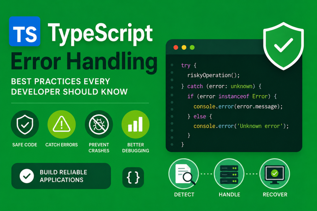 A modern green background infographic explaining typescript error handling with clean icons and minimal text. The image highlights try catch blocks, debugging, runtime validation, and safe coding practices. A simple code editor illustration demonstrates secure error handling in TypeScript applications. Visual elements represent reliability, defensive programming, and scalable software quality. This design clearly represents typescript error handling for developers building stable applications.