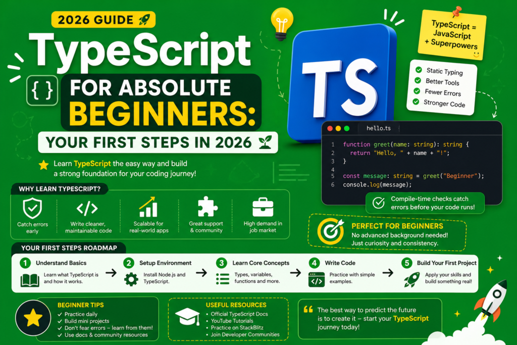 A vibrant green background infographic designed for typescript for beginners with bold and engaging typography. The image highlights a step by step roadmap for learning TypeScript in 2026 with clear visual sections. Icons represent key concepts like static typing, better tools, and improved code quality. A code snippet and TypeScript logo emphasize practical learning and real world usage. This design clearly explains typescript for beginners and guides new developers through their first steps.