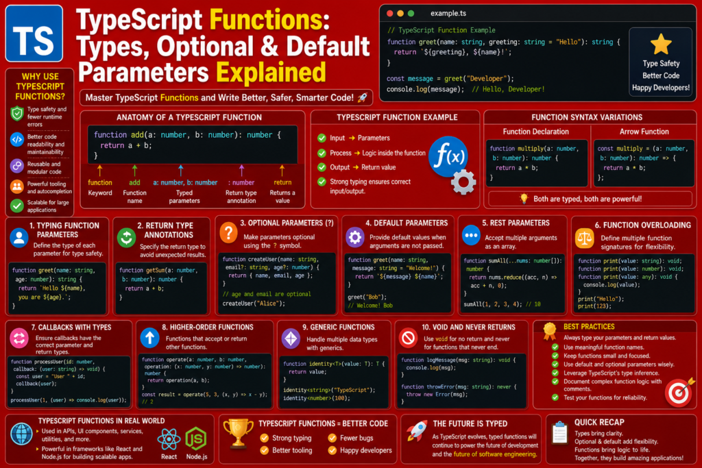 A bold red background infographic explaining typescript functions with clear sections and modern design. The image highlights function types, optional parameters, and default values with code examples. Visual elements demonstrate input, output, and type safety in real world scenarios. Icons and diagrams showcase function overloading, callbacks, and best practices. This design effectively represents typescript functions for beginners and developers learning advanced concepts.