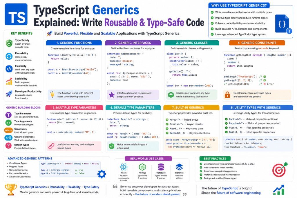 A clean white background infographic explaining typescript generics with colorful sections and organized code examples. The image highlights generic functions, generic classes, and generic interfaces in a beginner friendly layout. Visual elements demonstrate type safety, reusable code, and advanced generic patterns clearly. Code snippets showcase constraints, utility types, and real world TypeScript applications. This design effectively represents typescript generics for developers learning scalable and reusable programming concepts.