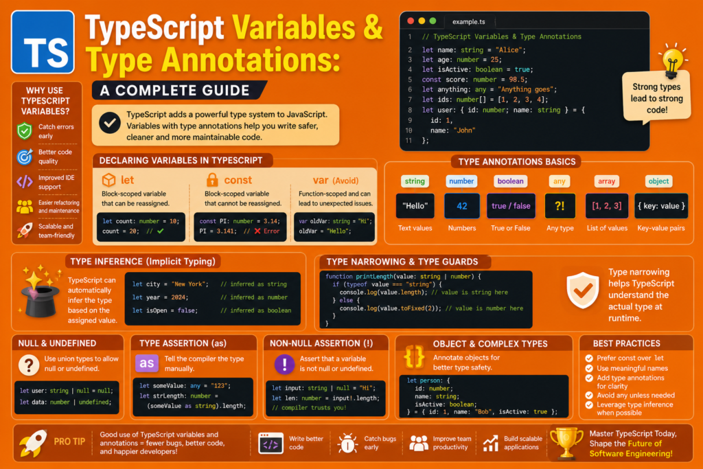 A bright orange background infographic explaining typescript variables and type annotations with clear visual sections. The image highlights concepts like let vs const, type inference, and type safety in an engaging layout. Code snippets demonstrate how typescript variables work in real world programming scenarios. Icons and diagrams showcase variable scoping, type guards, and best practices. This design visually represents typescript variables for beginners and modern developers.