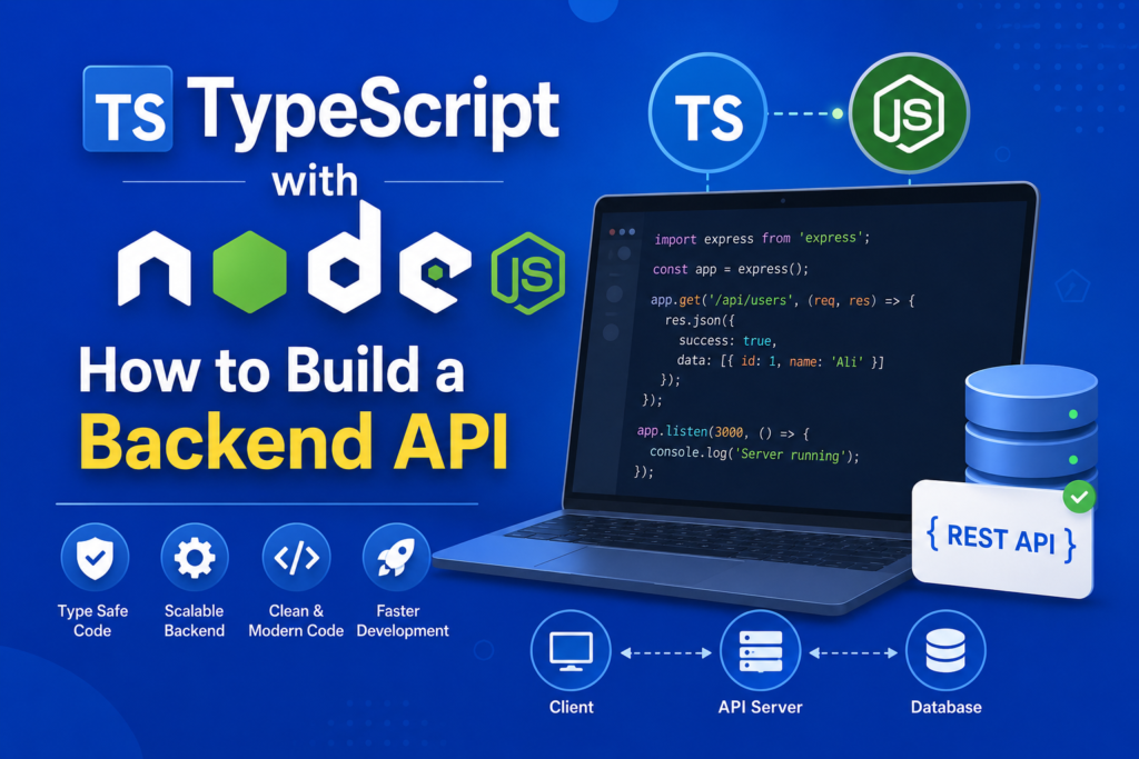 A modern blue background illustration showcasing typescript with nodejs for backend API development. The image features a laptop with backend code, TypeScript and Node.js logos, and minimal tech icons. Simple visual elements represent API servers, databases, and scalable backend architecture. The clean layout highlights REST API development with TypeScript in an easy to understand style. This design clearly represents typescript with nodejs for modern backend developers.