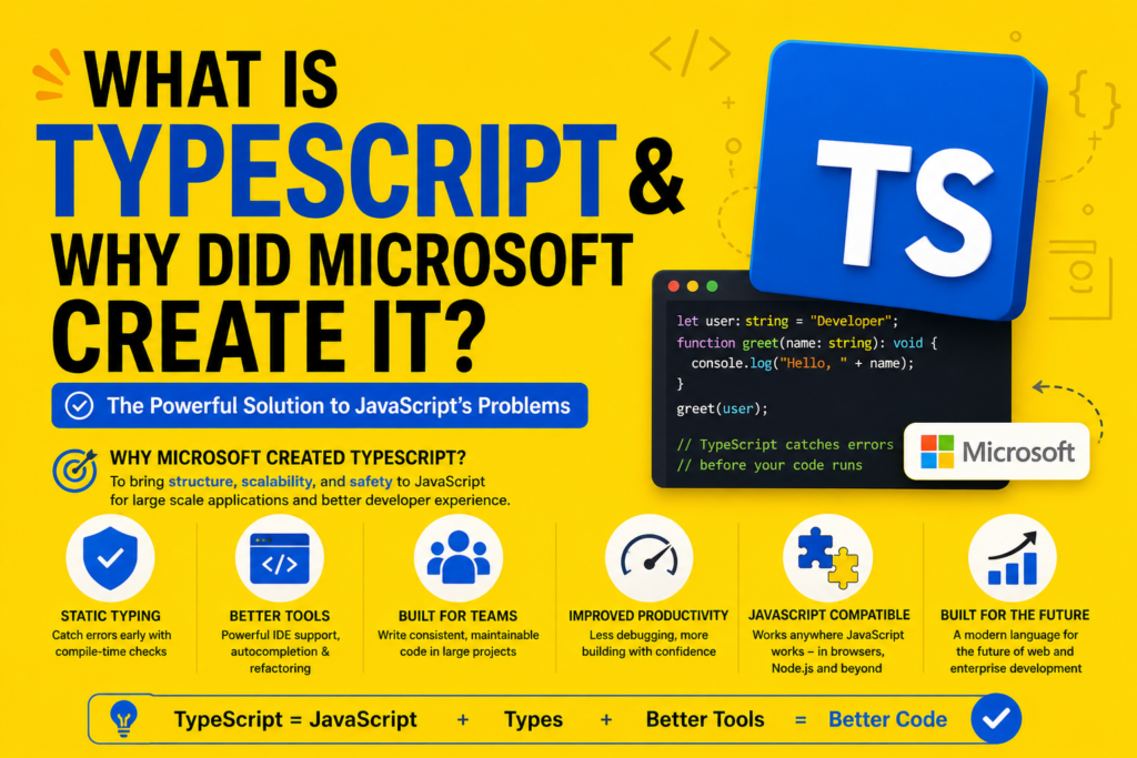 A bright yellow background infographic explaining what is typescript with bold typography and modern design elements. The image highlights TypeScript features like static typing, better tools, and improved productivity. Visual icons represent JavaScript compatibility, developer experience, and scalable applications. Code snippets and the TypeScript logo emphasize real world usage and functionality. The layout clearly showcases what is typescript and why Microsoft created it in an engaging visual format.