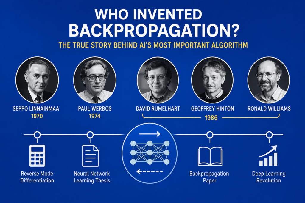 Simple blue background infographic showing who invented backpropagation with neural network layers, Paul Werbos, Geoffrey Hinton, backpropagation algorithm flow, and deep learning history timeline.