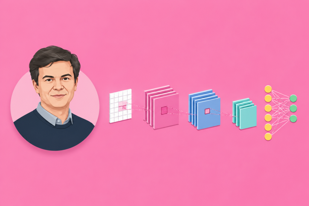 Who Invented CNN? The Story of Yann LeCun and the LeNet Revolution Legendary Revolution Simple pink background infographic showing who invented cnn with Yann LeCun, LeNet neural network layers, handwritten digit recognition, convolutional neural network architecture, and modern AI computer vision concepts.