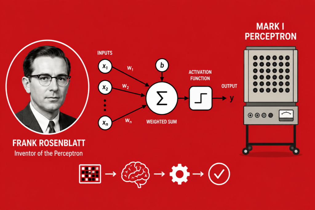 Simple red background infographic showing who invented perceptron with Frank Rosenblatt, the Mark I Perceptron machine, neural network diagram, and early artificial intelligence learning concepts.