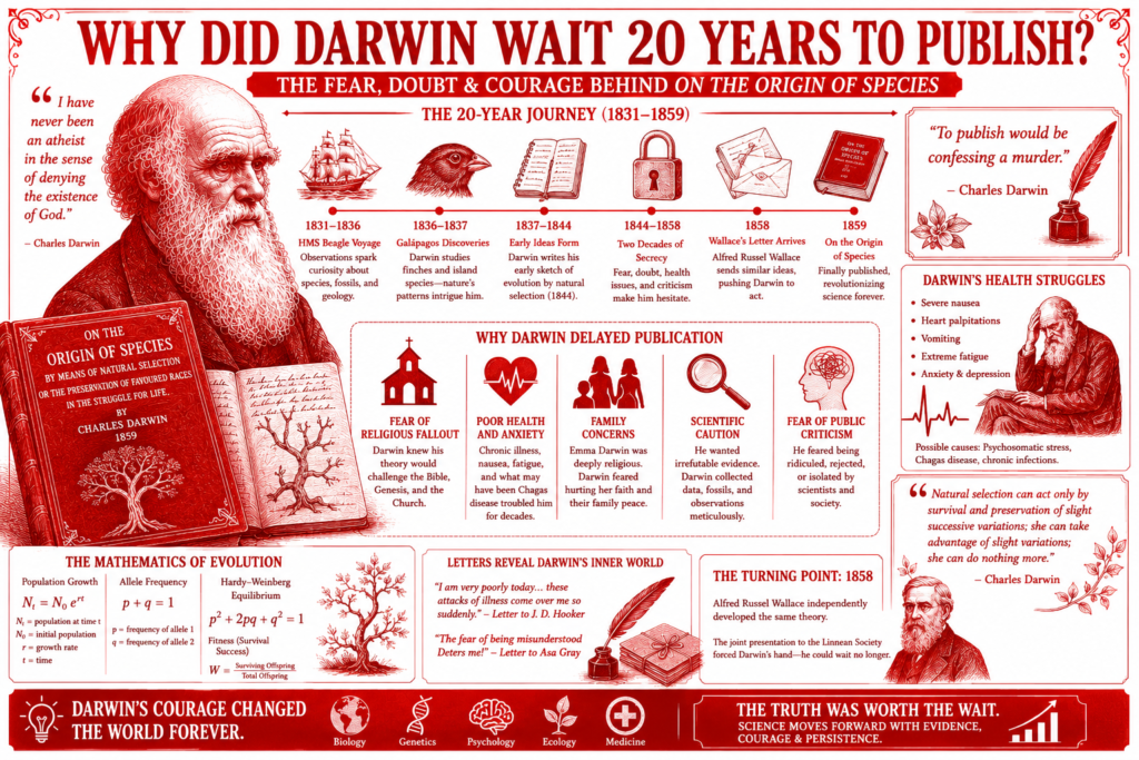 why darwin delayed publication illustration showing Charles Darwin, scientific notes, fear of controversy, evolution theory, and On the Origin of Species on a red background