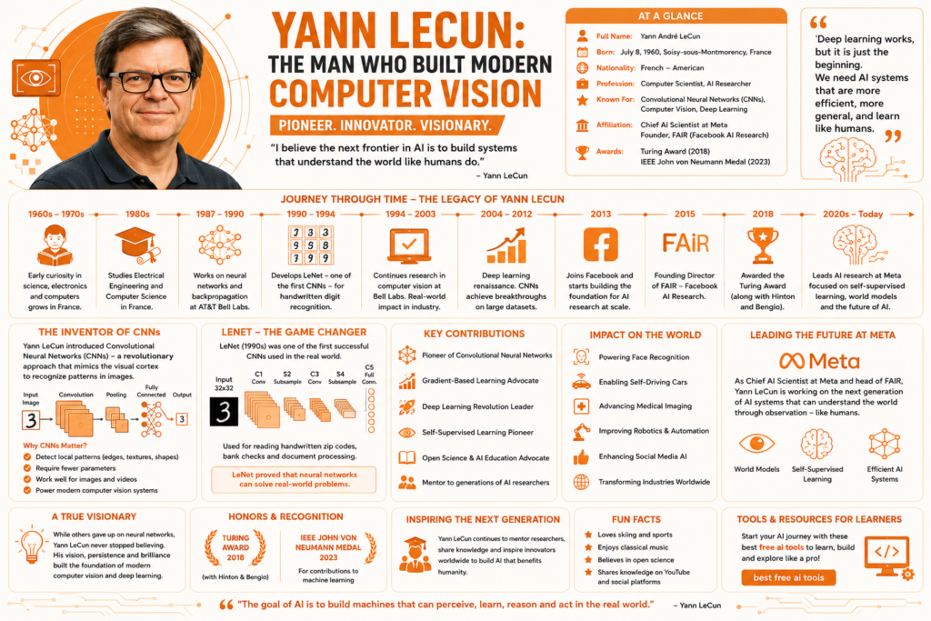 Orange background infographic explaining yann lecun biography with convolutional neural networks, LeNet, computer vision breakthroughs, FAIR at Meta, deep learning leadership, image recognition history, and Yann LeCun’s impact on modern AI.