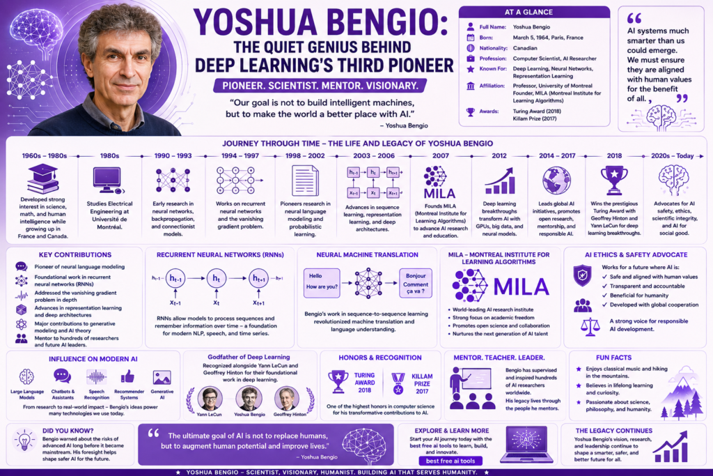 Yoshua Bengio: The Quiet Genius Behind Deep Learning's Third Pioneer Brilliant Visionary Purple background infographic explaining yoshua bengio biography with deep learning breakthroughs, recurrent neural networks, MILA Montreal AI research, Turing Award achievements, AI ethics advocacy, neural language modeling, and Yoshua Bengio’s impact on modern artificial intelligence.
