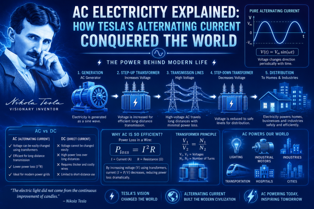 AC electricity explained infographic showing Nikola Tesla, alternating current waveforms, transformers, transmission lines, electrical grid systems, power loss equations, and modern electricity distribution on a blue background.