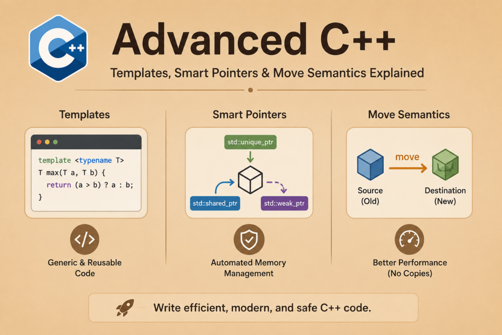 Advanced C++ infographic on a light brown background, featuring templates, smart pointers, and move semantics with simple visual diagrams that highlight modern C++ programming concepts, memory management, and performance optimization.