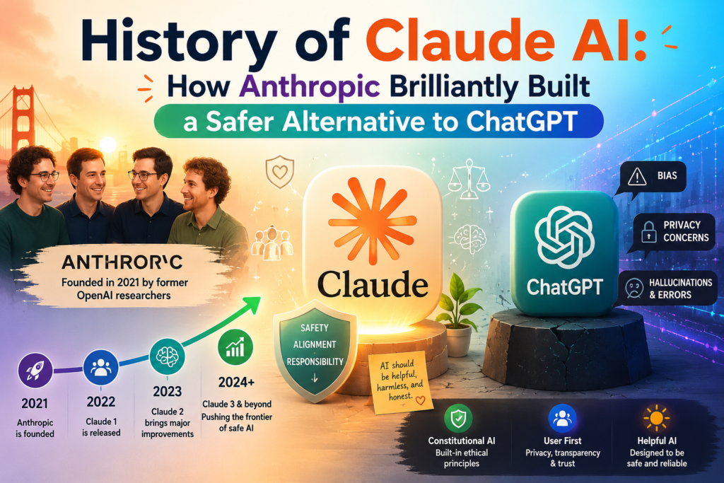 Claude AI history illustrated through a colorful futuristic design showing Anthropic's Claude AI development, AI safety principles, advanced language models, digital innovation, and the evolution of a safer alternative to ChatGPT.