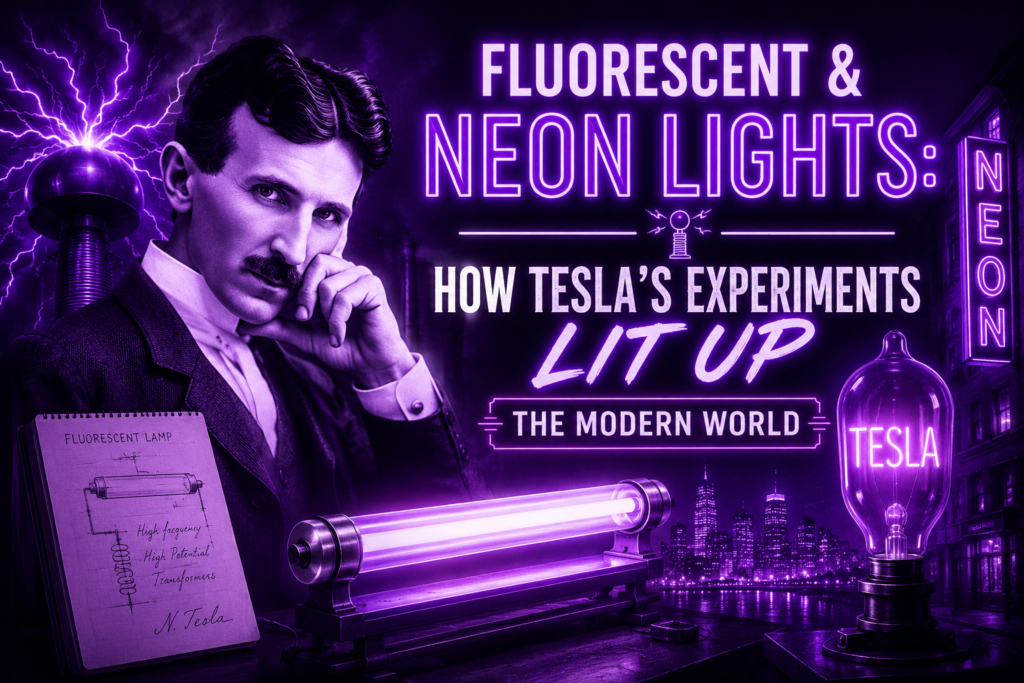Fluorescent & Neon Lights: How Tesla's Experiments Lit Up the Modern World Fluorescent and neon lights illuminate a dramatic purple-themed scene featuring inventor Nikola Tesla surrounded by glowing electrical energy and futuristic lighting technology. A bright fluorescent tube and vintage neon signs showcase Tesla’s groundbreaking experiments with wireless illumination. Purple lightning arcs from a Tesla coil, highlighting the connection between scientific innovation and modern lighting systems. The vibrant cityscape and glowing bulbs symbolize how fluorescent and neon lights transformed urban life. This striking image celebrates Tesla’s pioneering contributions to the development of fluorescent and neon lights that continue to shape the modern world.
