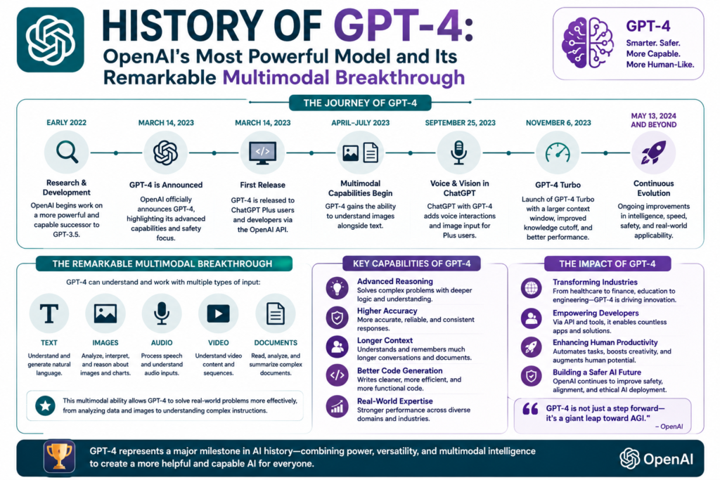 GPT-4 history infographic showing the development of OpenAI's multimodal AI model, highlighting key milestones from research and launch to advanced text, image, and reasoning capabilities, demonstrating how GPT-4 became one of the most powerful and influential language models in AI history.