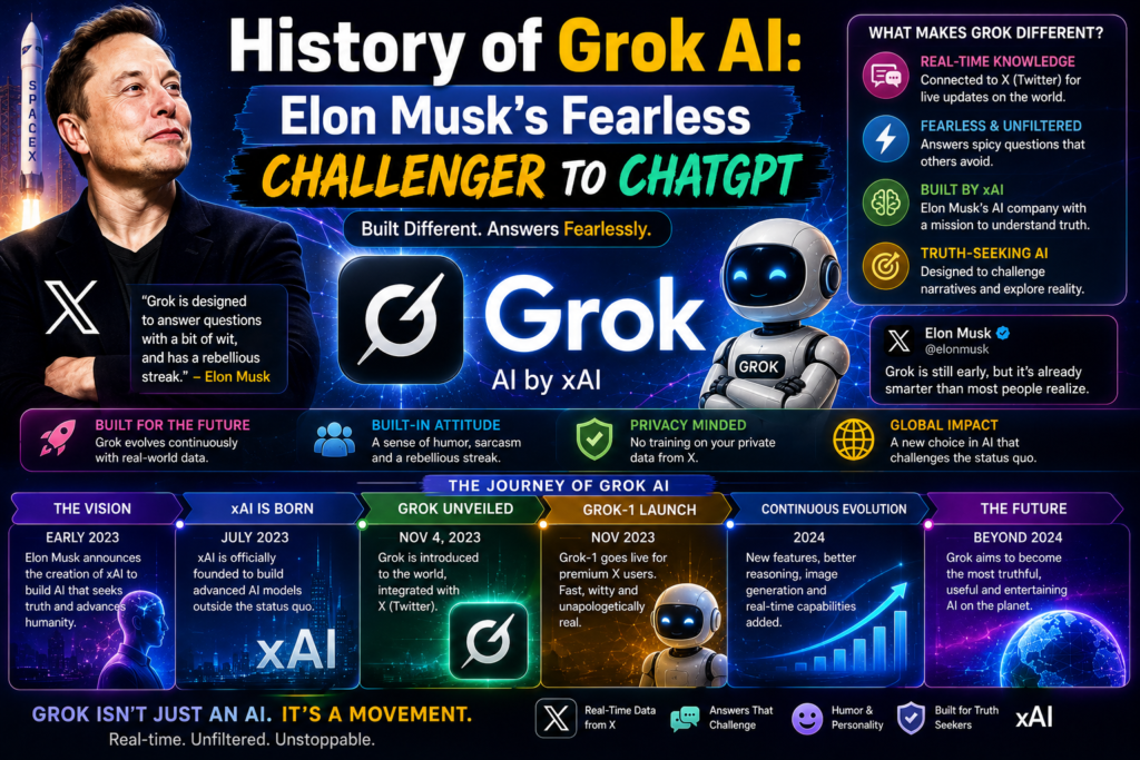 grok ai history illustrated with a colorful futuristic AI design featuring Grok AI, xAI innovation, advanced conversational intelligence, real-time information access, Elon Musk's AI vision, and the evolution of a powerful ChatGPT competitor in the artificial intelligence industry.