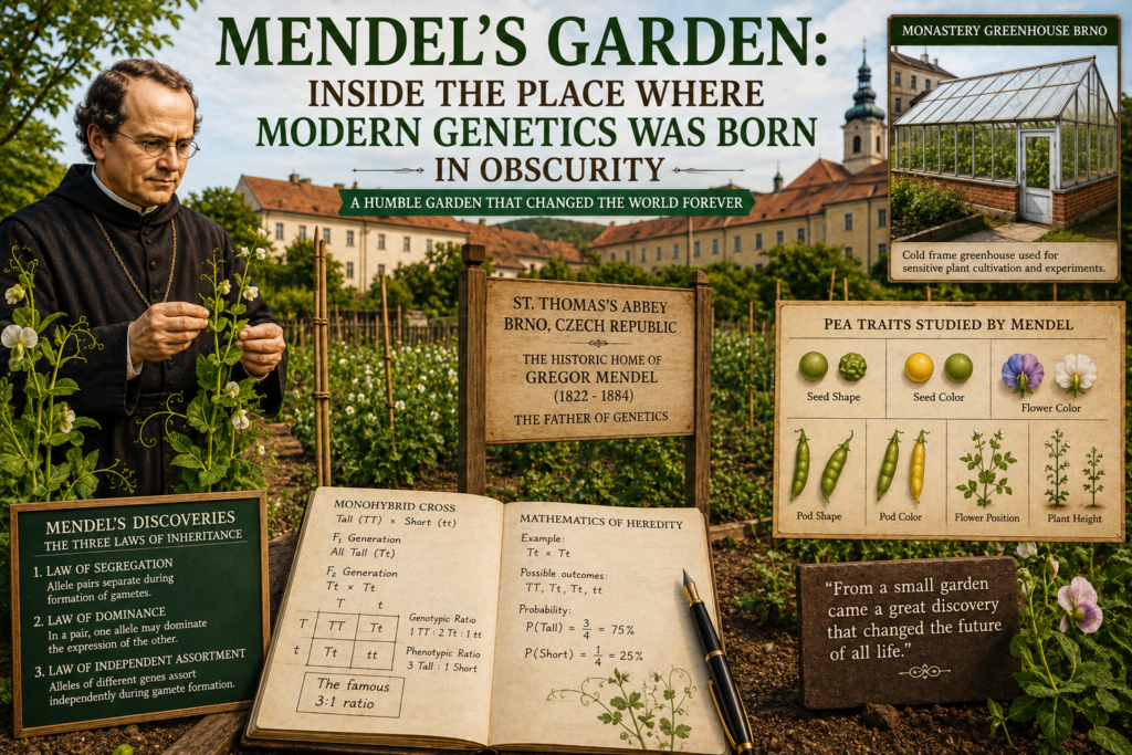 Mendel's Garden at St. Thomas's Abbey in Brno showing Gregor Mendel conducting pea plant research, illustrating how mendel's garden became the birthplace of modern genetics through groundbreaking inheritance experiments.