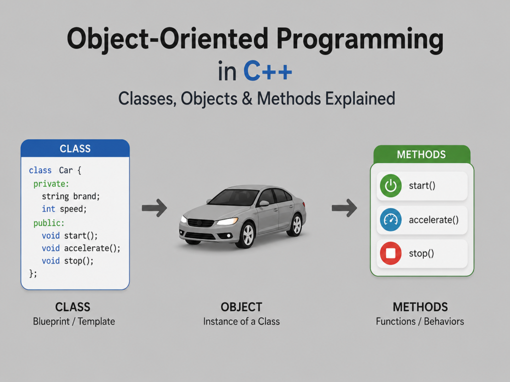 OOP in C++ infographic showing the relationship between classes, objects, and methods, with a simple class example, object illustration, and method functions on a gray background.