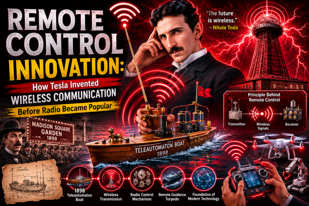 Remote Control Innovation: How Tesla Invented Wireless Communication Before Radio Became Popular Remote control innovation illustrated through Nikola Tesla's 1898 radio controlled boat demonstration, featuring wireless communication signals, remote operation technology, robotics concepts, and early radio control systems in a dramatic red themed scene.
