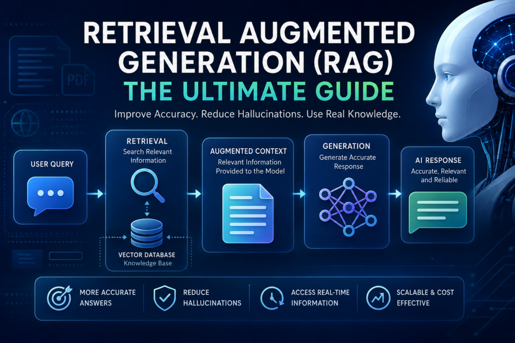 Retrieval Augmented Generation RAG: The Ultimate Powerful Guide Retrieval augmented generation rag infographic showing how AI combines document retrieval, vector databases, and language models to generate accurate responses. The image illustrates the complete RAG workflow from user query to AI response, highlighting reduced hallucinations, real time knowledge access, improved accuracy, and scalable AI performance. A futuristic AI robot and modern data flow elements visually represent the power of retrieval augmented generation rag in enterprise and generative AI applications.