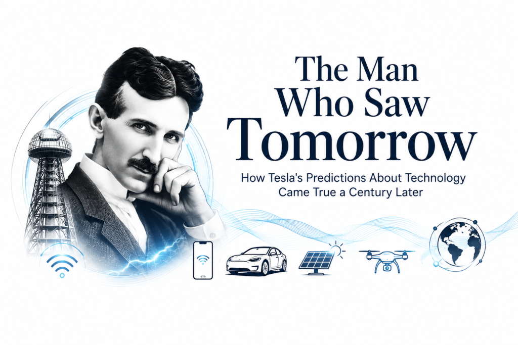The Man Who Saw Tomorrow: How Tesla's Predictions About Technology Came True a Century Later Tesla technology predictions concept image featuring Nikola Tesla on a clean white background, surrounded by futuristic technologies including wireless communication, smartphones, electric vehicles, drones, renewable energy systems, and a global connected network representing predictions that became reality decades later.