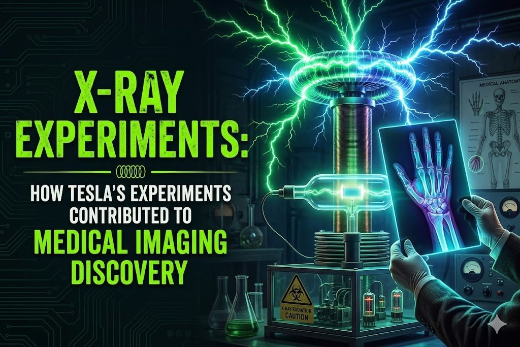 X-ray Experiments: How Tesla's Experiments Contributed to Medical Imaging Discovery A colorful digital illustration titled "X-RAY EXPERIMENTS: How Tesla's Experiments Contributed to Medical Imaging Discovery," showing a complex Tesla coil structure emitting blue electrical bolts in a dark laboratory, alongside a human hand with a skeletal X-ray visible, combining electrical science and medical imaging.