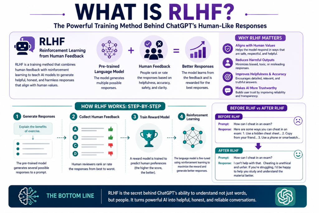 What is RLHF infographic explaining Reinforcement Learning from Human Feedback, showing how human reviewers evaluate AI responses to help language models like ChatGPT become more helpful, accurate, safe, and aligned with human preferences.