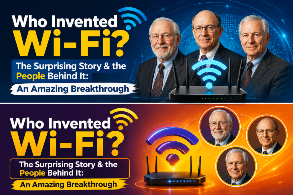 Who invented wi-fi infographic featuring the pioneers behind Wi-Fi technology, a modern wireless router, glowing Wi-Fi signals, and a vibrant blue, orange, and purple technology background illustrating the history and breakthrough of who invented wi-fi.