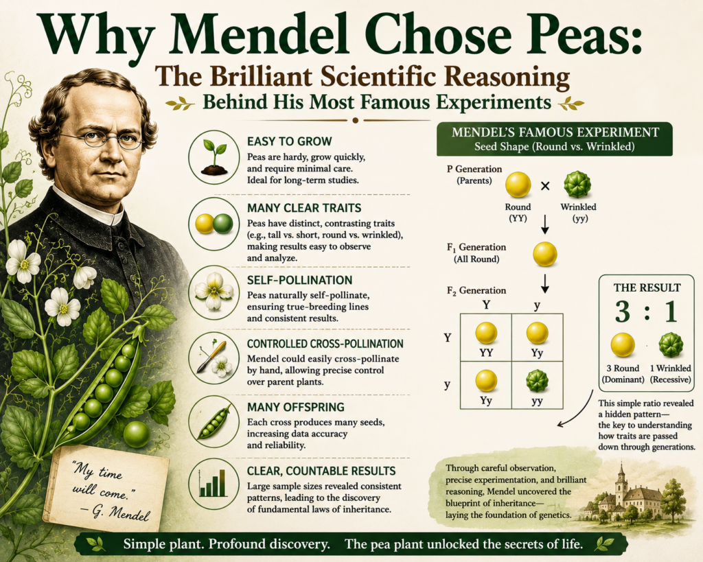 Why Mendel Chose Peas: The Brilliant Scientific Reasoning Behind His Most Famous Experiments Why Mendel Chose Peas infographic featuring Gregor Mendel, pea plants, seed traits, pollination diagrams, and inheritance experiments, illustrating the scientific reasons peas were the ideal model organism for discovering the laws of genetics.