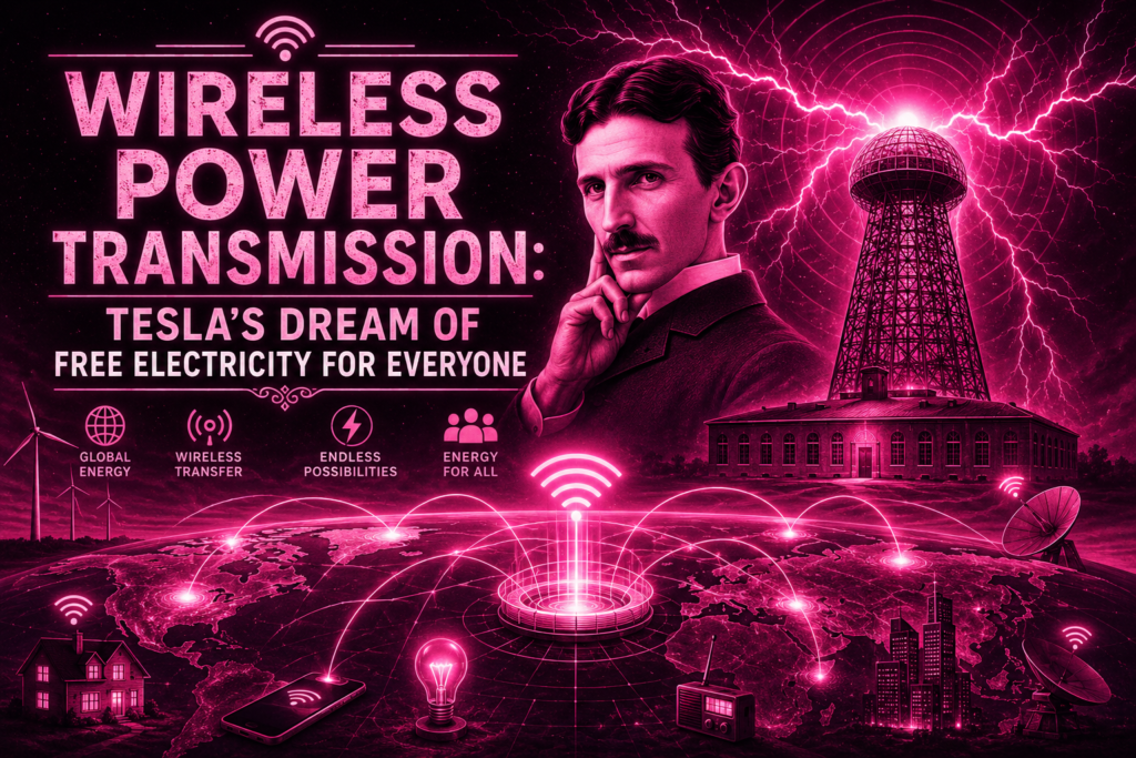 Wireless Power Transmission: Tesla's Dream of Free Electricity for Everyone Wireless power transmission concept illustration in vibrant pink tones featuring Nikola Tesla, Wardenclyffe Tower, global energy networks, lightning effects, and futuristic wireless electricity distribution across the world.