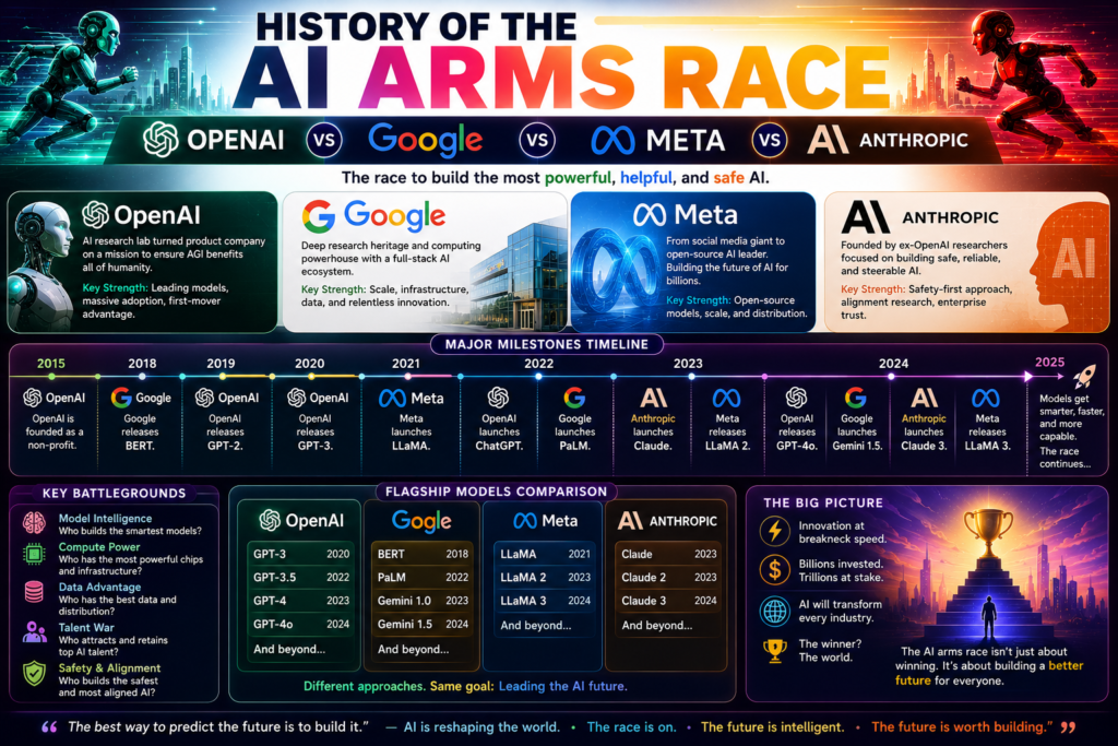 ai arms race companies illustrated with a colorful futuristic technology scene featuring leading AI organizations, advanced language models, artificial intelligence competition, innovation in machine learning, global tech rivalry, and the race to build the next generation of powerful AI systems.