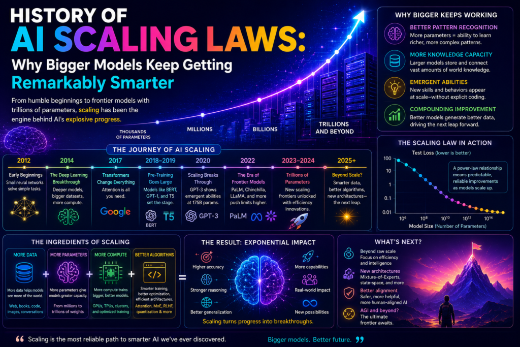 ai scaling laws illustrated with a colorful futuristic AI design featuring neural networks, expanding large language models, increasing computational power, data growth, artificial intelligence evolution, and the relationship between model scale and improved intelligence, reasoning, and performance.