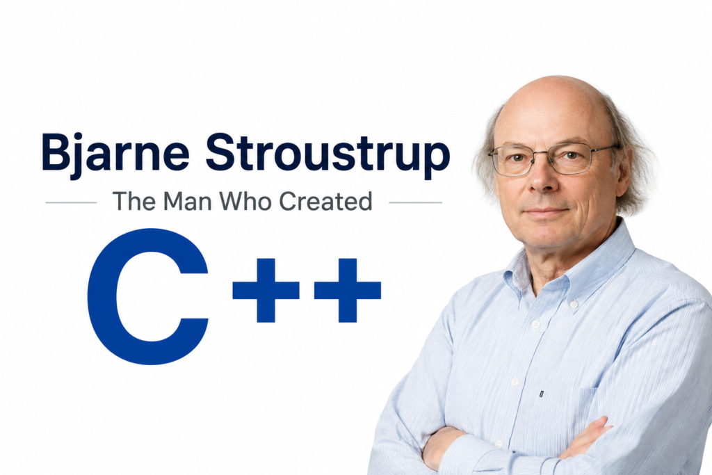 Bjarne Stroustrup, the creator of C++, stands confidently against a clean white background in a professional portrait. The image highlights Bjarne Stroustrup alongside a large blue C++ symbol, emphasizing his role in computer programming history. Minimal text and a modern design keep the focus on Bjarne Stroustrup and his groundbreaking contribution to software development. The bright white backdrop creates a clean, educational, and technology-focused visual. Ideal for articles about Bjarne Stroustrup, C++ programming, and computer science innovation.