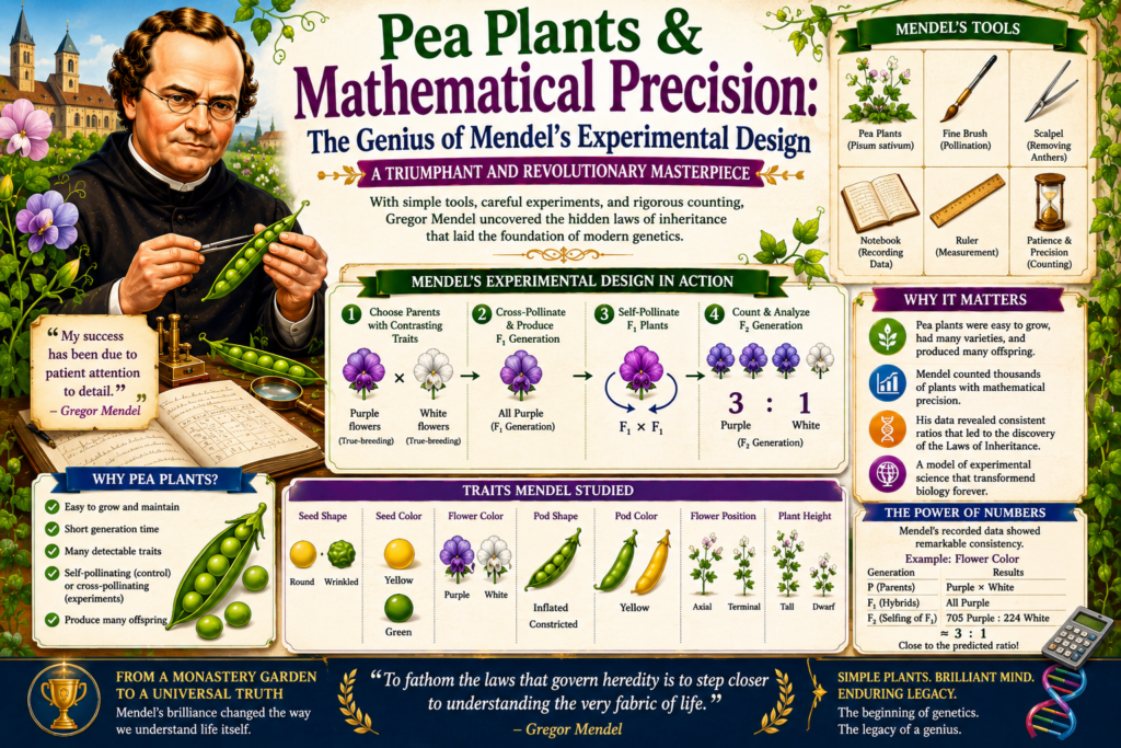 Pea Plants & Mathematical Precision: The Genius of Mendel's Experimental Design: A Triumphant and Revolutionary Masterpiece Brilliant experimental design of Gregor Mendel showing carefully controlled pea plant breeding experiments, precise trait tracking, and mathematical analysis that established the foundations of modern genetics and inheritance science.