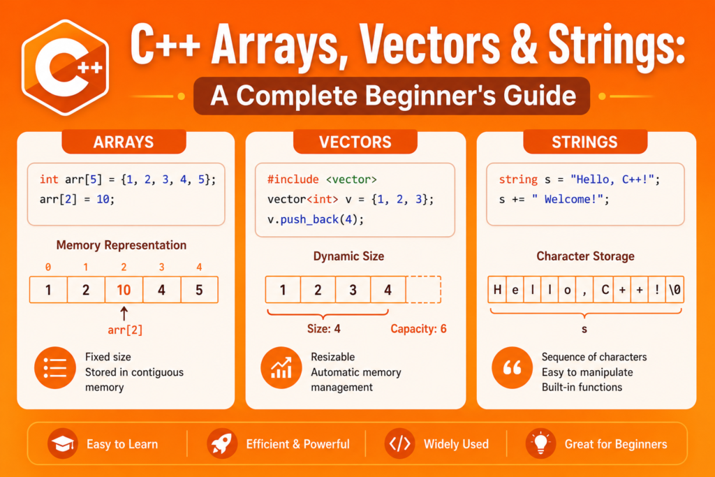 C++ arrays, vectors, and strings infographic on an orange background, illustrating array memory storage, dynamic vectors, and string handling concepts with simple code examples and beginner-friendly visual explanations.