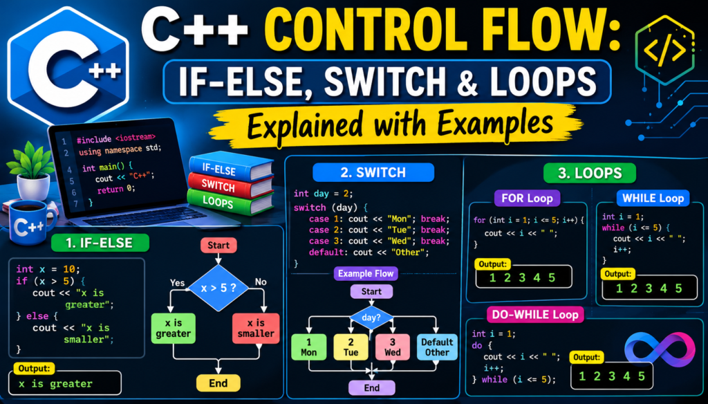 C++ control flow infographic showing if-else statements, switch cases, and for, while, and do-while loops with simple code examples, flowcharts, and programming concepts on a colorful educational background.