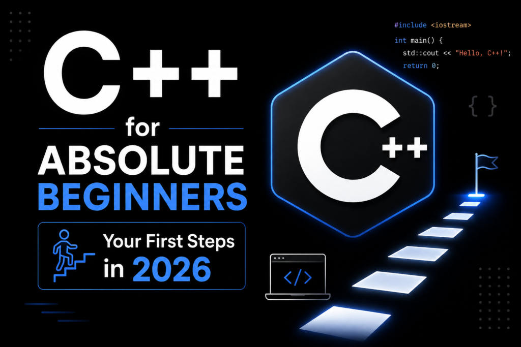 C++ for Absolute Beginners: Your First Steps in 2026 This image showcases C++ for Beginners with a modern black background and glowing blue technology-themed elements. A large C++ logo is displayed prominently, while illuminated stepping stones lead toward a goal flag, symbolizing the learning journey of new programmers. Clean typography highlights beginner-friendly C++ learning and first programming steps in 2026. Coding symbols, a laptop icon, and subtle code snippets reinforce the software development theme. Perfect for tutorials, guides, and educational content focused on C++ for Beginners and learning programming from scratch.