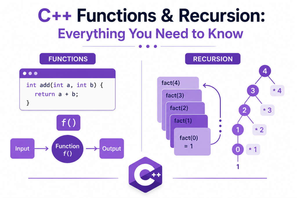 C++ Functions & Recursion: Everything You Need to Know C++ functions and recursion infographic on a white background, showing a simple function example, input-process-output flow, recursive function calls, and the relationship between functions and recursion in C++ programming.
