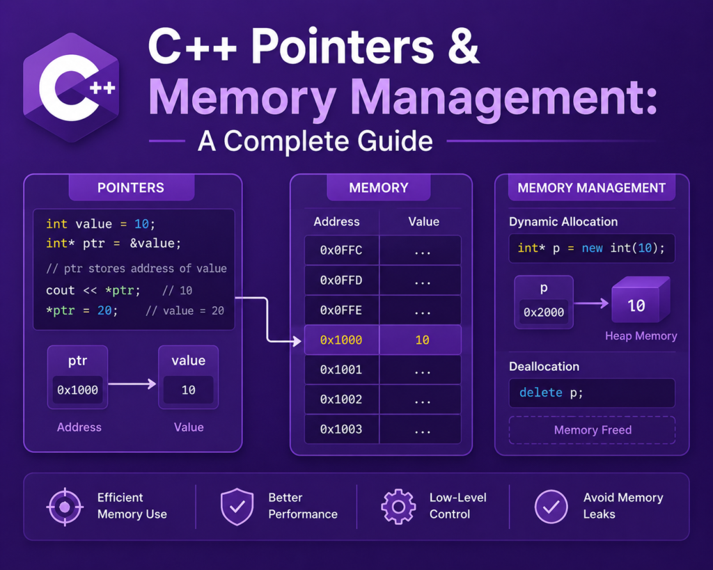C++ pointers and memory management infographic illustrating pointer variables, memory addresses, dynamic memory allocation, deallocation, and memory usage concepts on a purple-themed background.