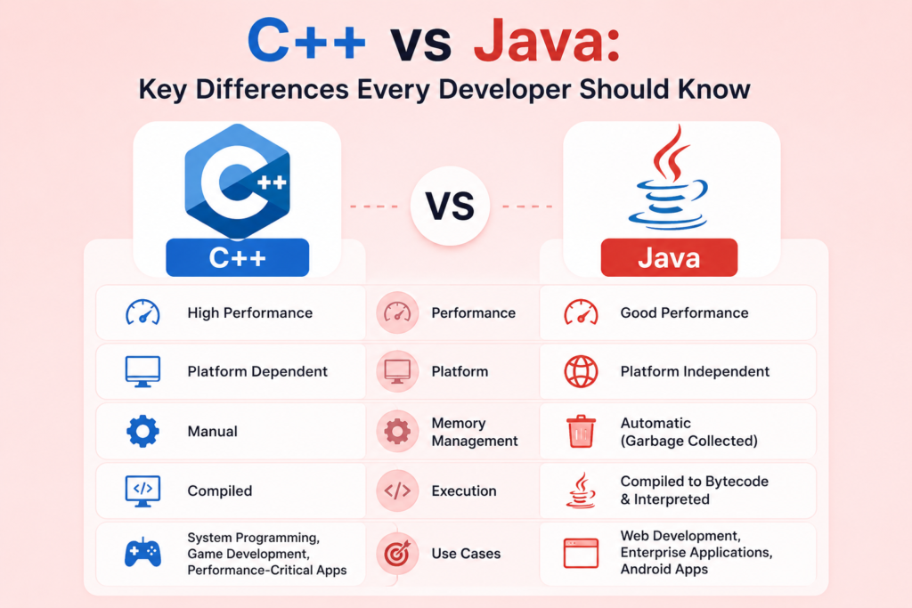 C++ vs Java: Key Differences Every Developer Should Know C++ vs Java comparison infographic on a light red background, featuring the C++ and Java logos with a simple side-by-side visual comparison of programming concepts, performance, and development use cases.