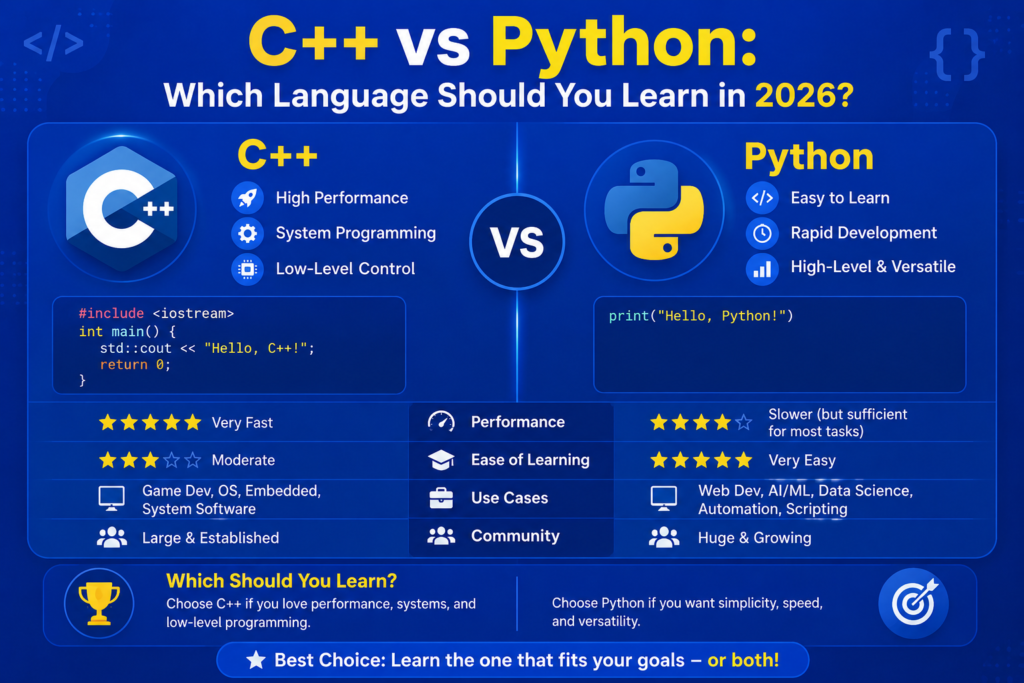 C++ vs Python: Which Language Should You Learn in 2026? C++ vs Python comparison infographic on a blue background, highlighting key differences in performance, learning curve, use cases, and programming features to help beginners choose the right language in 2026.