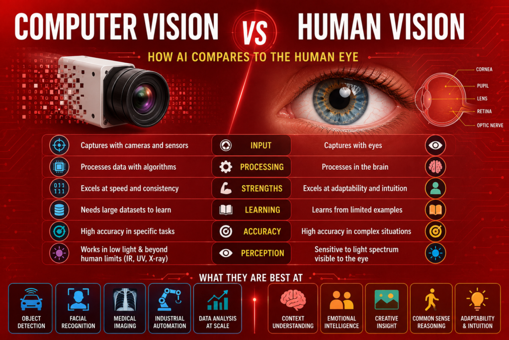 Computer Vision vs Human Vision comparison infographic on a red background showing a camera system and a human eye side by side, highlighting differences in image processing, learning, perception, accuracy, object detection, facial recognition, medical imaging, creativity, reasoning, and AI-powered visual analysis.