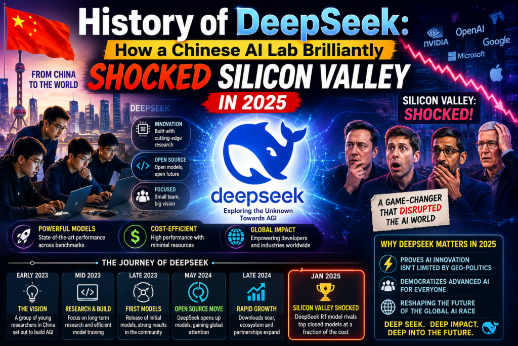 deepseek ai history illustrated with a colorful futuristic AI design featuring DeepSeek's rise as a Chinese AI lab, advanced language models, global AI innovation, open-source technology, and its major impact on the artificial intelligence industry in 2025.